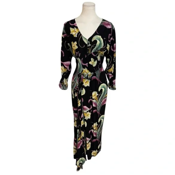KAREN ALEXANDER Vintage 80âsâ Black Brocade Tropical Dress Size 6 Floral Party - Picture 12 of 14